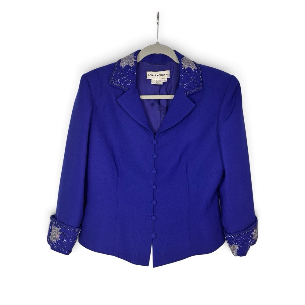 Vintage 90s Donna Morgan Women's 8 Royal Blue Beaded Evening Blazer Jacket